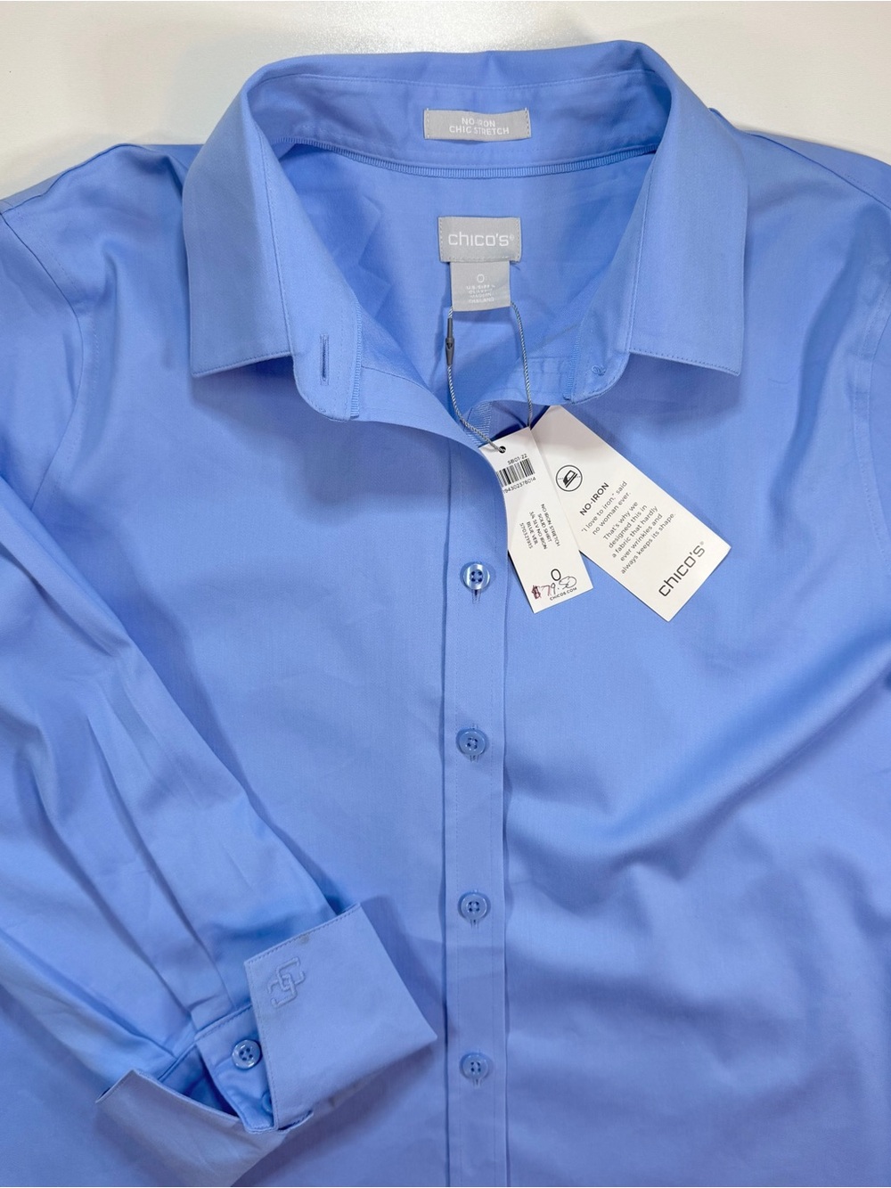 Chico's NO IRON Chic Stretch Shirt Top Blue Button Up 3/4 Sleeve Sz 0 S 4 NWT